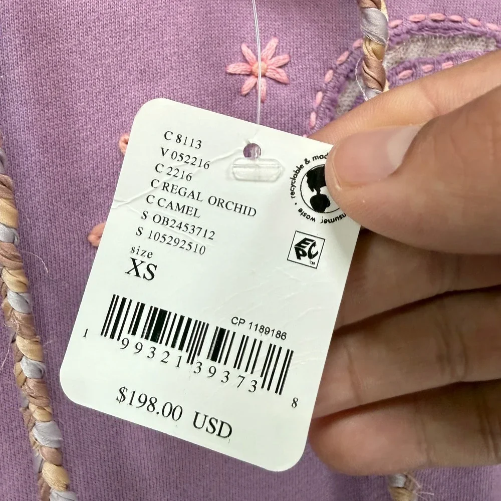 Free People Hoodie Women‎ XS Purple Flower Embroidered Boho RARE MSRP $198 NEW
